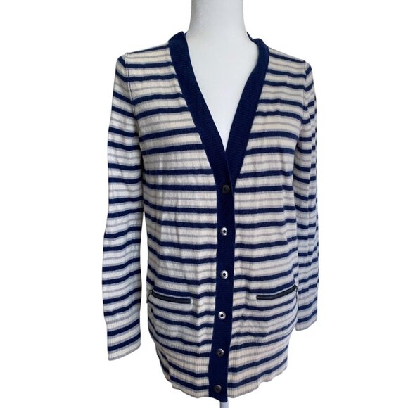 Banana Republic 100% Wool Cardigan L Navy Cream Striped - Picture 1 of 5